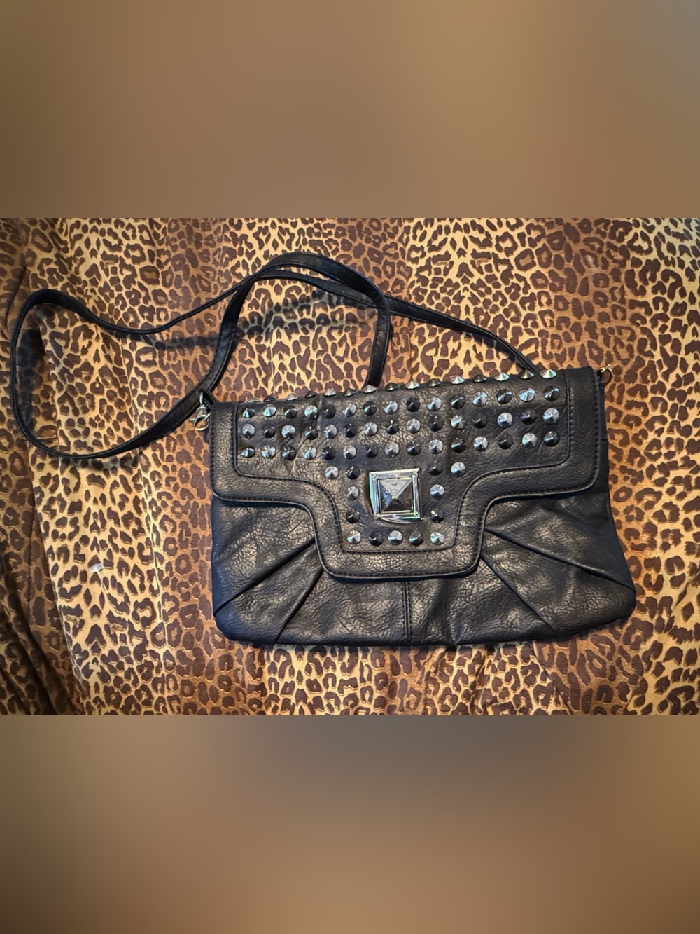 Black Studded Leather Crossbody Bag - Classic Women's Shoulder Bag